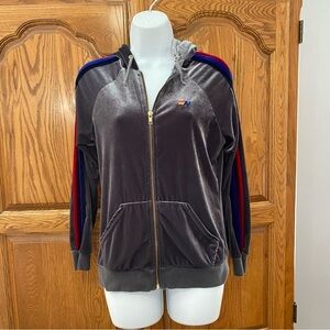 Aviator Nation Classic Velvet Zip Hoodie Grey Rainbow 5 Stripe Womens Sz XS